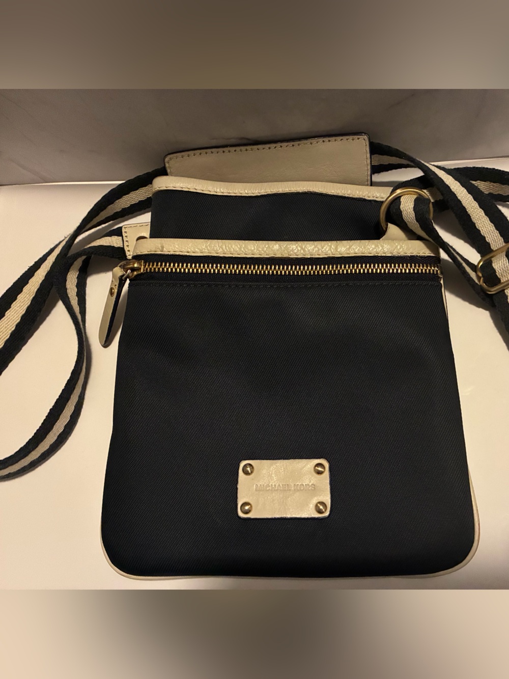 Michael Kors Navy Blue and Cream Crossbody with Gold Accents